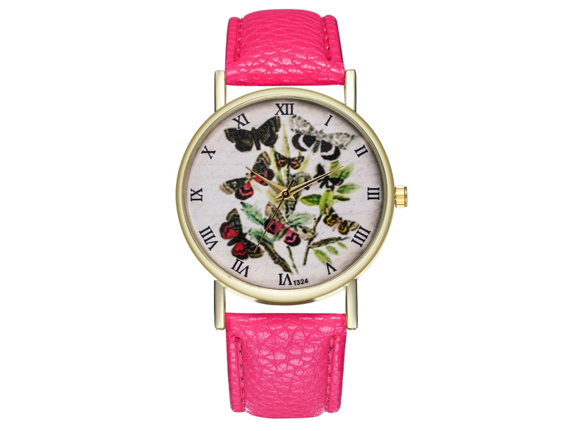 Reloj De Cuarzo Retro Para Estudiantes, Esfera Con Mariposa, Color Rojo Rosa.