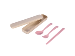Juego de cubiertos portátiles de 3 piezas: cuchara, tenedor y palillos de paja de trigo con estuche de viaje (rosa)