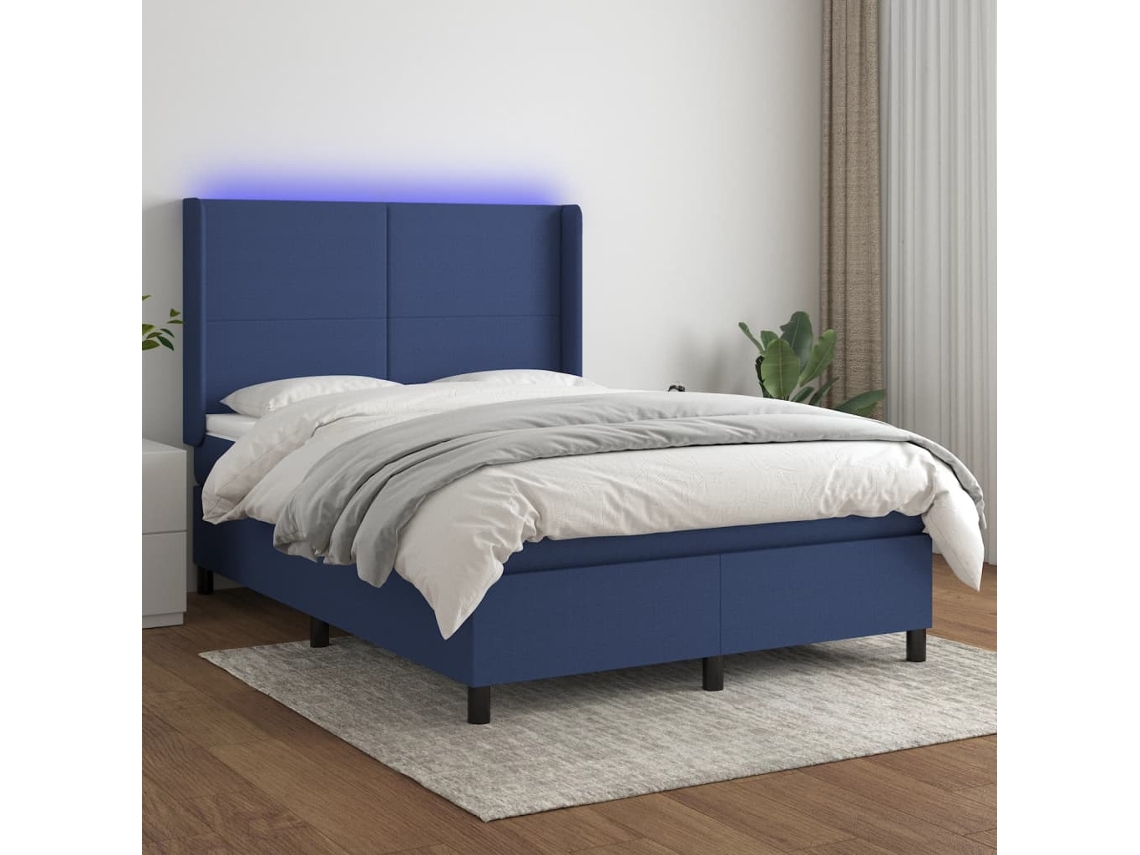 Cama Box Spring Colchón Y Luces Led Tela Azul 140x190 Cm