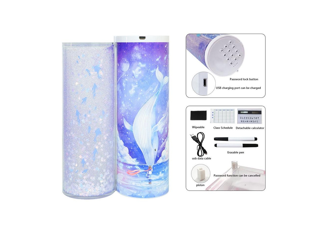 Estuche para lápices con arena fluida, calculadora y cerradura de combinación, material ABS duradero | Sin marca