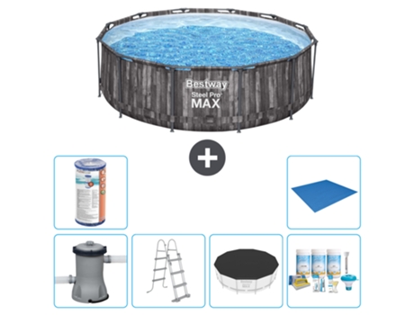 Piscina BESTWAY Round Steel Pro MAX - Impresión en madera - 366 x 100 cm - Bomba incluida - Escalera Accesorios CB21