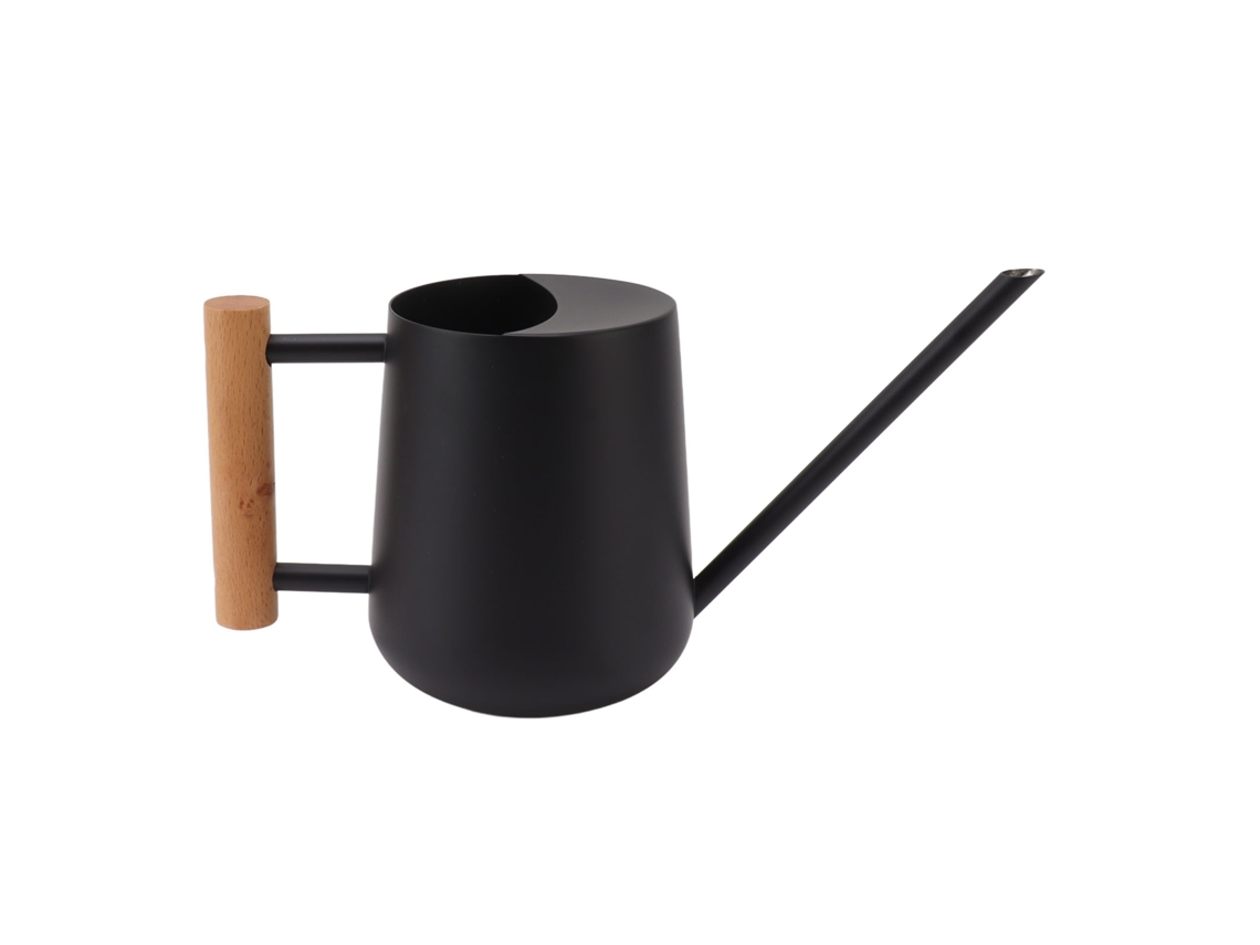 Regadera de acero inoxidable de 900 ml con pico largo y mango de madera, elegante maceta para jardín, familia y exterior, color negro