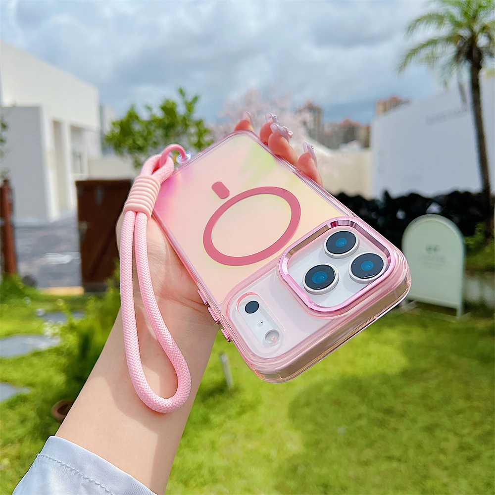 (rosa, Iphone 17 Pro Max) Funda Protectora Magnética De Alta Calidad, Resistente A Golpes Y Con Carga Inalámbrica, Con Cordón.