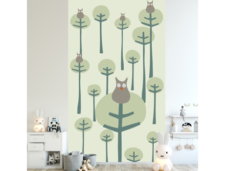 Mural de Pared PLAGE Murales Habitación Infantil Ilustración de Búho en el Bosque Posado en un Árbol Fondo Verde 250 cm X 150 cm