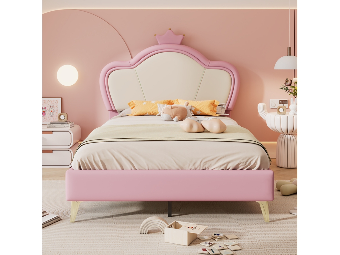 Cama Infantil Rosa Y Blanca, 90x200 Cm, Cabecero Con Forma De Corona, Patas De Metal, De Seguridad.