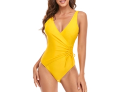 Traje de baño amarillo para mujer, talla M, cinturón ajustable, escote en V.