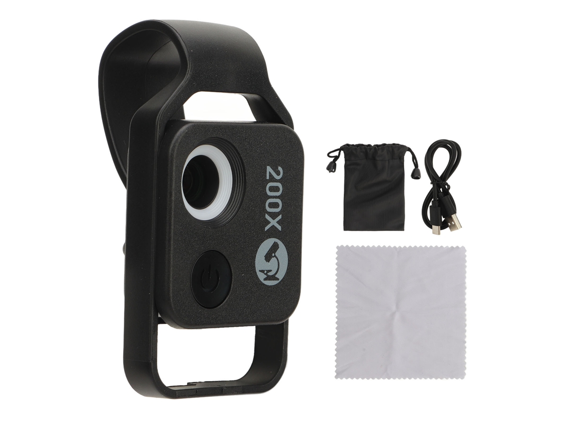 Microscopio De Bolsillo 200x Con Lente Cpl Y Clip Para Teléfono Móvil, Batería Integrada.