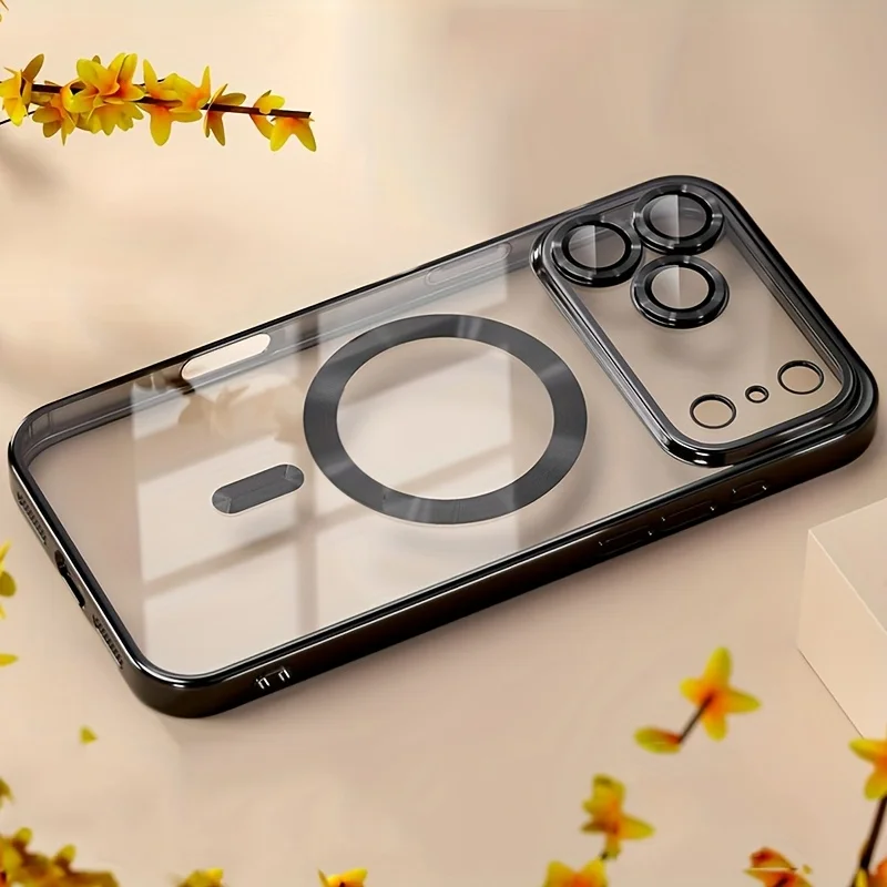 (iphone 13 Pro Max Negro) Funda Magnética Transparente Magsafe Para Teléfono, Protección De Lente, Funda Blanda Galvanizada