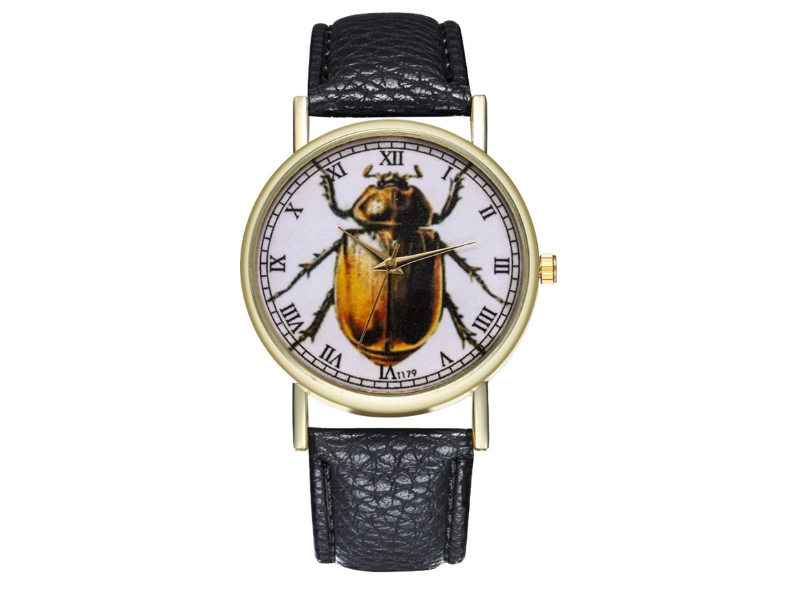 Reloj De Pulsera Unisex De Cuarzo Zhoulianfa Con Correa De Pu Negra Y Estampado De Insectos.