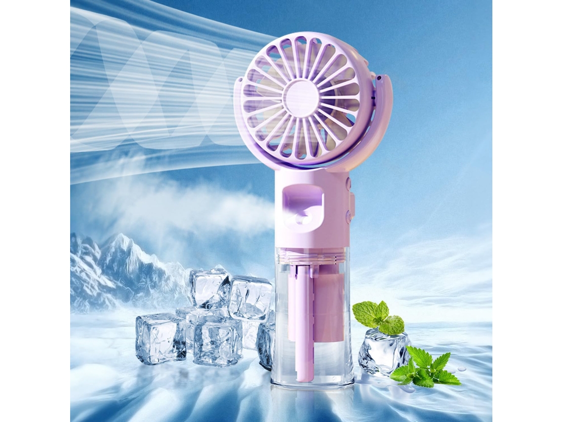 Mini ventilador portátil con humidificador y pulverizador, recargable por USB, 4 velocidades ajustables, Beijiyi (morado)