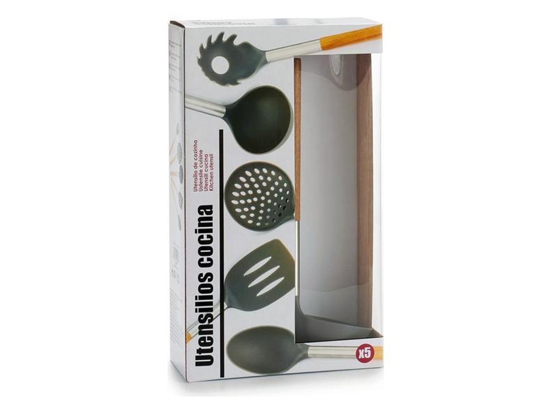 Set 5 Utensilios Cocina Madera Y Acero Inox.