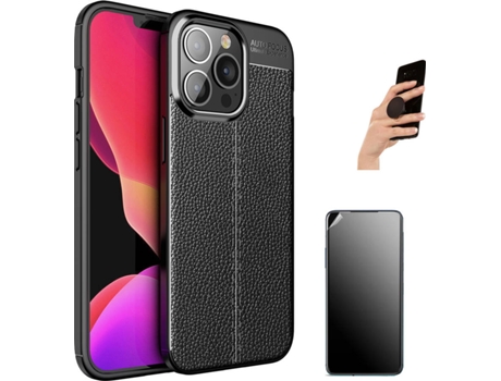 Carcasa + Protector + Popsocket iPhone 13 Pro Max Rugged Leather Negro