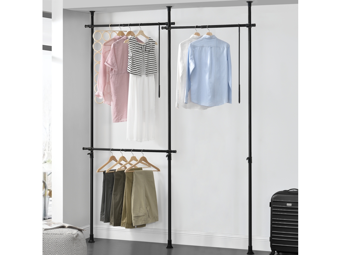 Perchero burro ropa telescópico Kemi 105-278 x 150 - 230 cm Ajustable 3 x ganchos máx. 20 kg Acero Plástico - Negro [EN.CASA]
