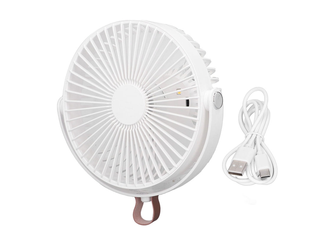 Ventilador portátil recargable por USB con 3 velocidades y luz nocturna.