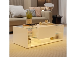 Mesa De Centro Cuadrada, Mesa De Salón Con Dos Estantes Y Un Cajón, Mesa Baja Con Iluminación Led, Rosahqnda