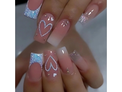 Uñas Postizas Medianas De Presión, Diseño Francés Con Corazón, Uñas Postizas Rosa Brillante