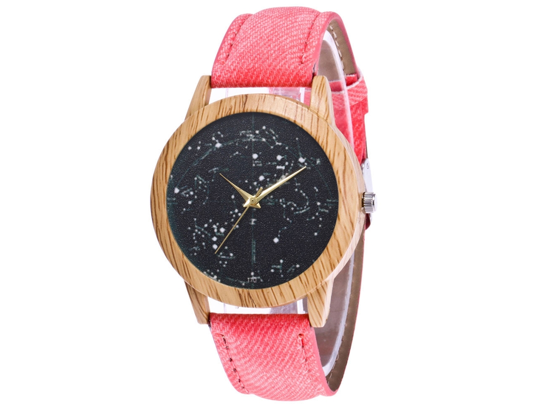 Reloj De Cuarzo Casual Con Correa De Mezclilla Zhoulianfa, Patrón De Cielo Estrellado, Rosa