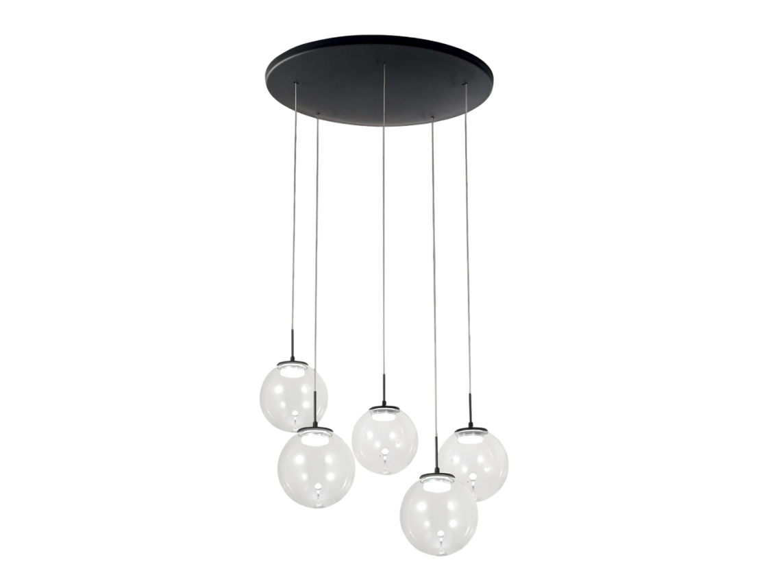 Lámpara colgante circular Fabas Luce Ariel con 5 luces LED, 35 W regulable, transparente, rosetón redondo, diámetro 50 cm