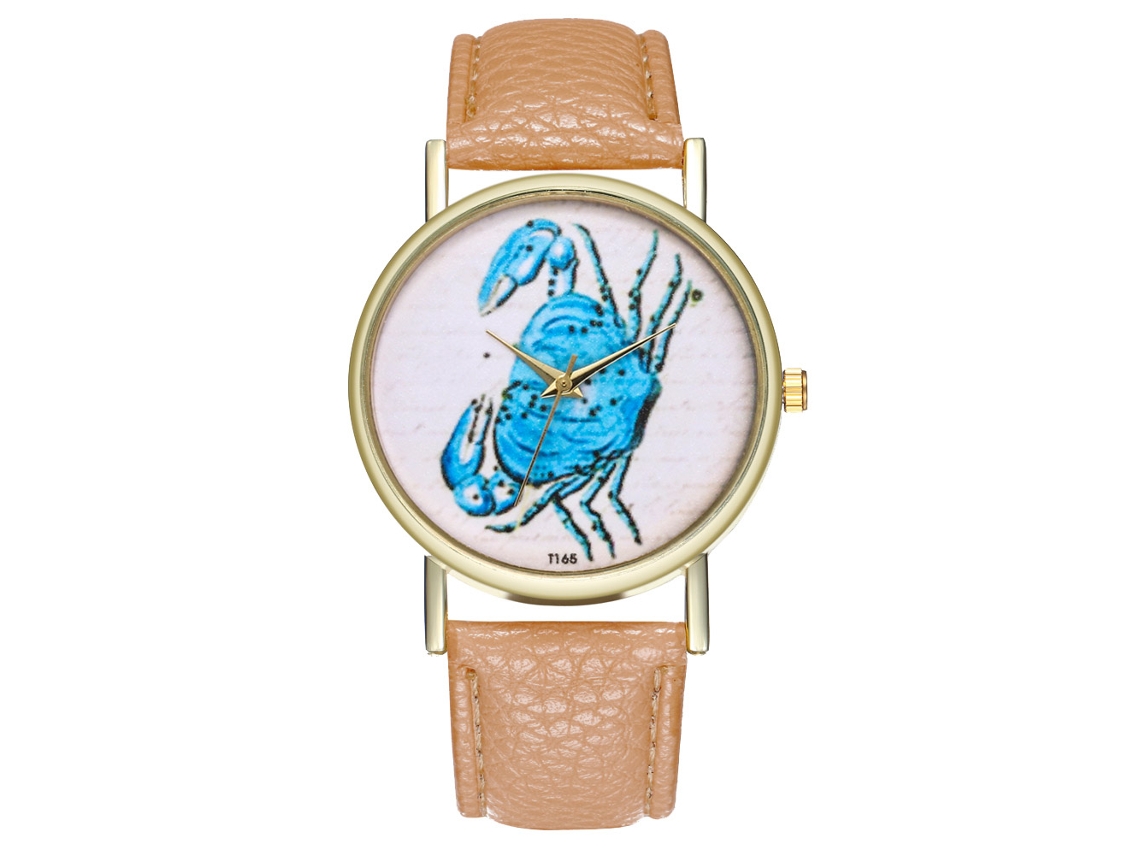 Reloj De Pulsera De Cuarzo Con Correa De Cuero Pu Diseño Simple Dibujos Animados Cangrejo Beige T165-a