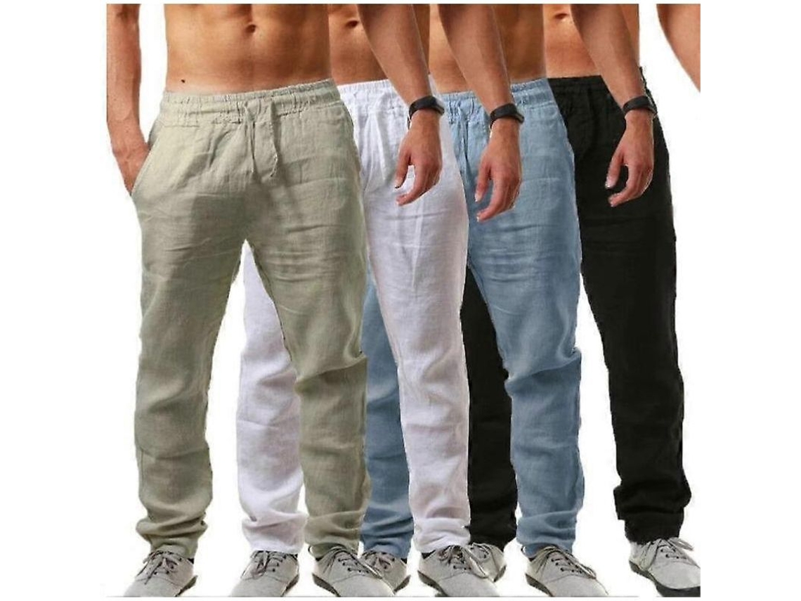 Pantalones Casuais De Verão Para Homens De Algodão E Linho Soltos Respiráveis Com Cordão De Ajuste Tamanho Plus