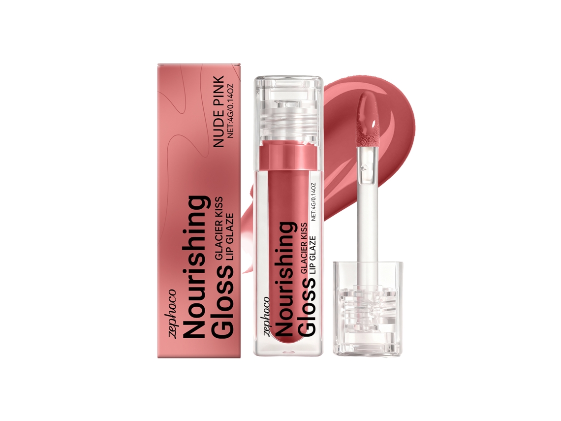 Brillo labial hidratante en tono rosa nude.