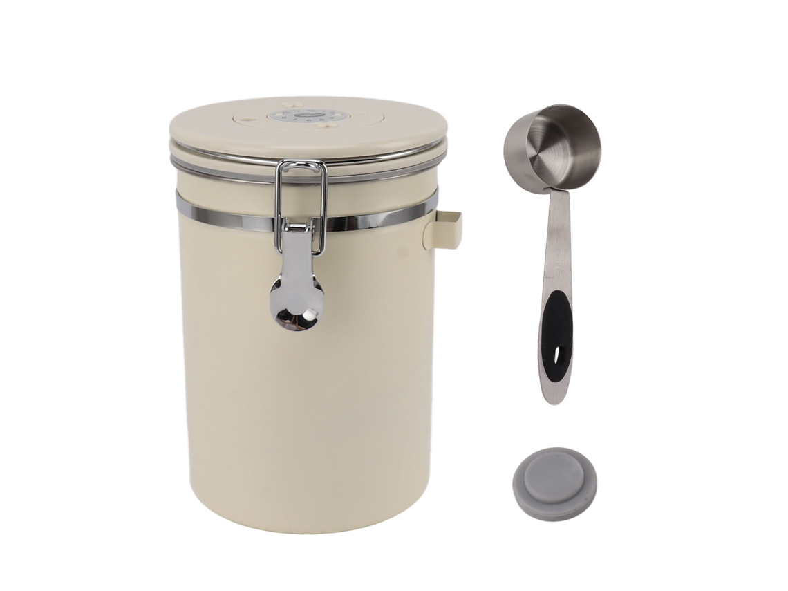 Contenedor de acero inoxidable para almacenar granos de café de 1,8 l con cuchara, color beige