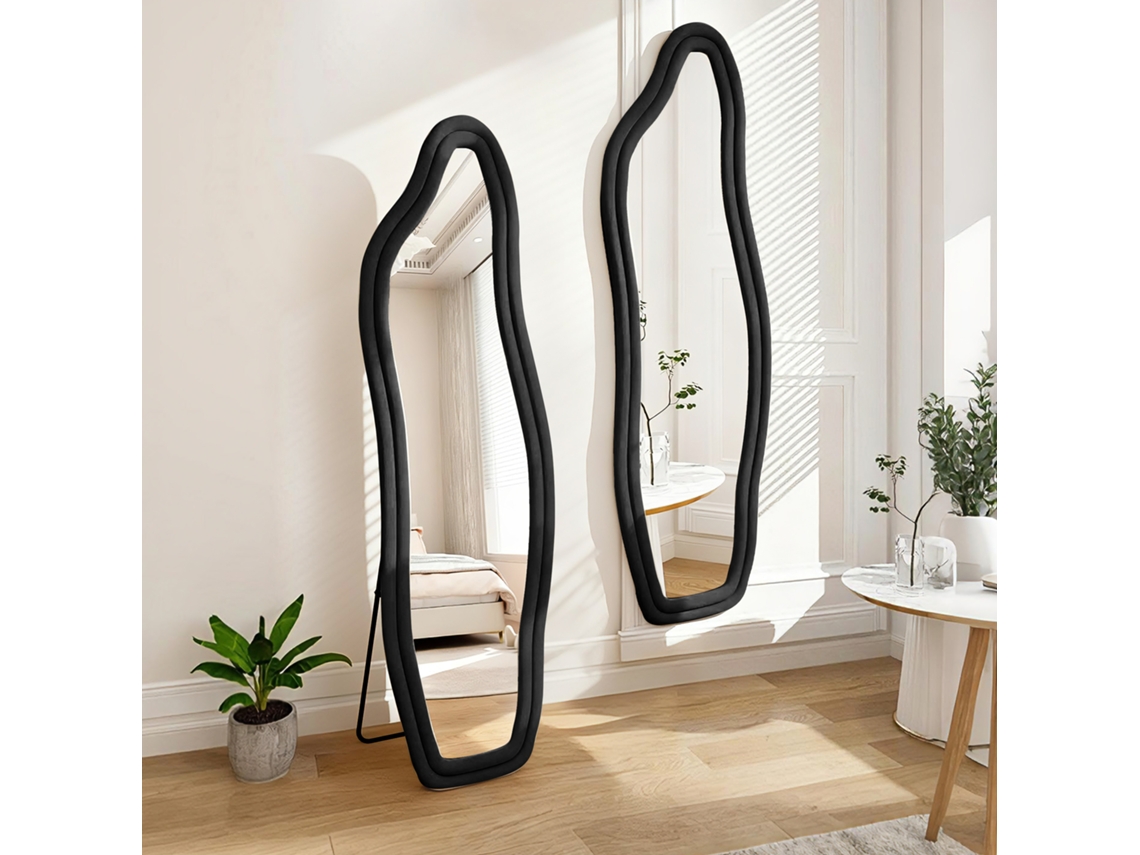 Espejo de delfín con marco de terciopelo negro de 140 x 45 cm, forma curva irregular y artística, vidrio templado de alta definición, Rosahqnda