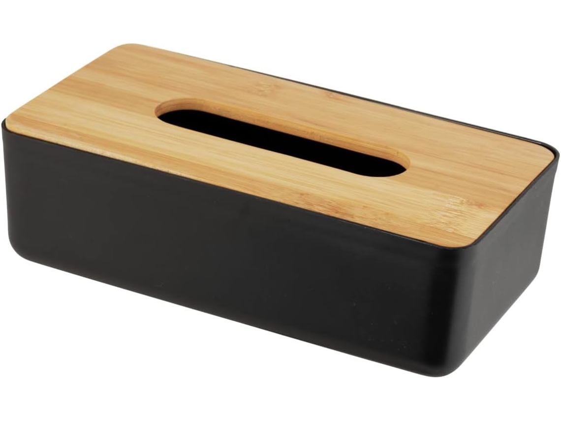 Dispensador de pañuelos - Para pañuelos cosméticos o de papel - Tapa de bambú - 24 x 7,5 x 12,7 cm, Negro/natural