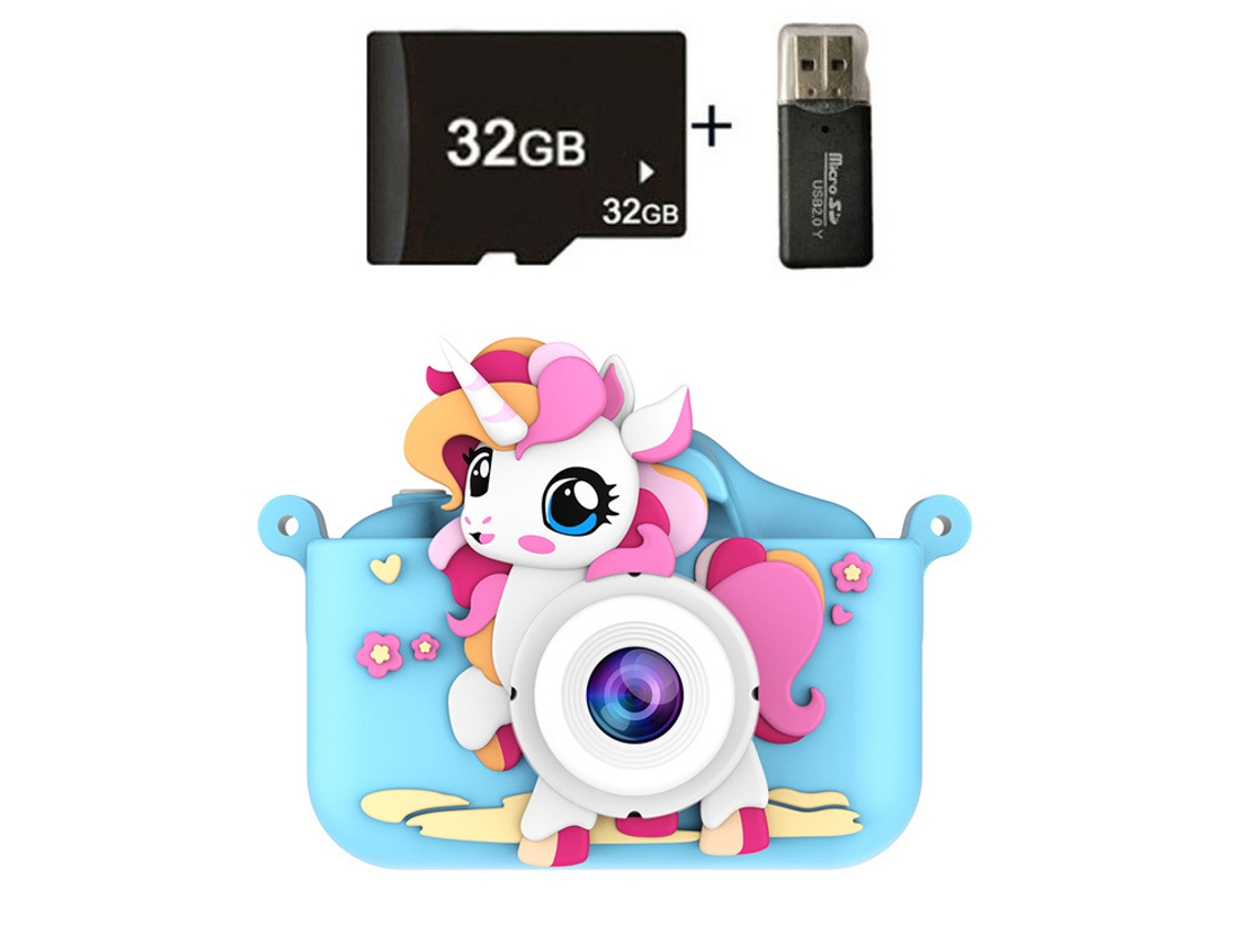 Cámara digital de juguete para niños, grabación HD de 1080p, tarjeta SD de 32 GB y lector de tarjetas, Blue Pony Hexinyigjly