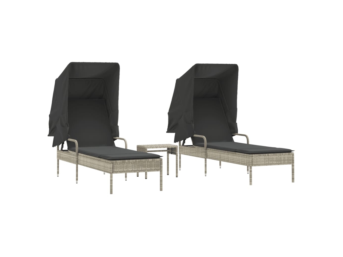 Conjunto de Tumbonas con Toldo y Mesa 2 Piezas Mimbre Gris Claro EXCLUSIVO MAISON