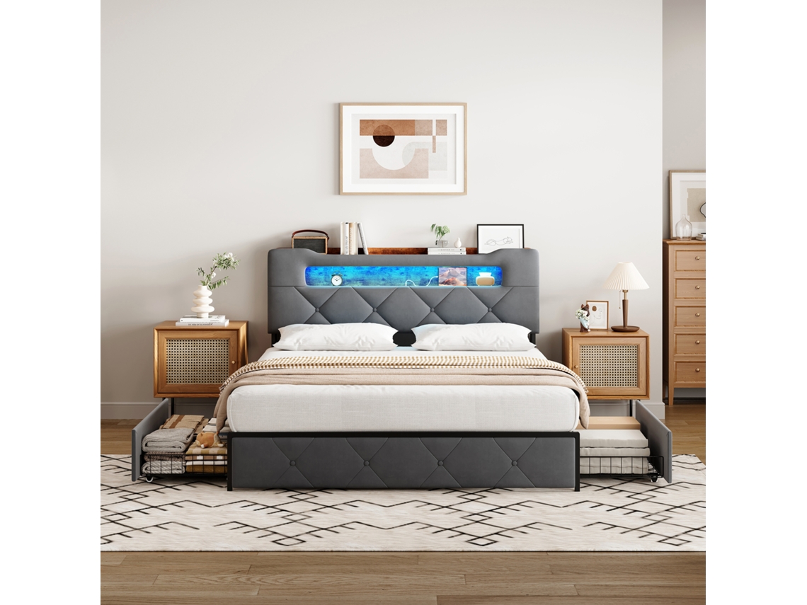 Cama Doble 140 X 190 Cm, Cama Tapizada Con Iluminación Led, Usb Y 4 Cajones, Cabecero Con Espacio De Almacenamiento, Terciopelo Gris Sin Colchón