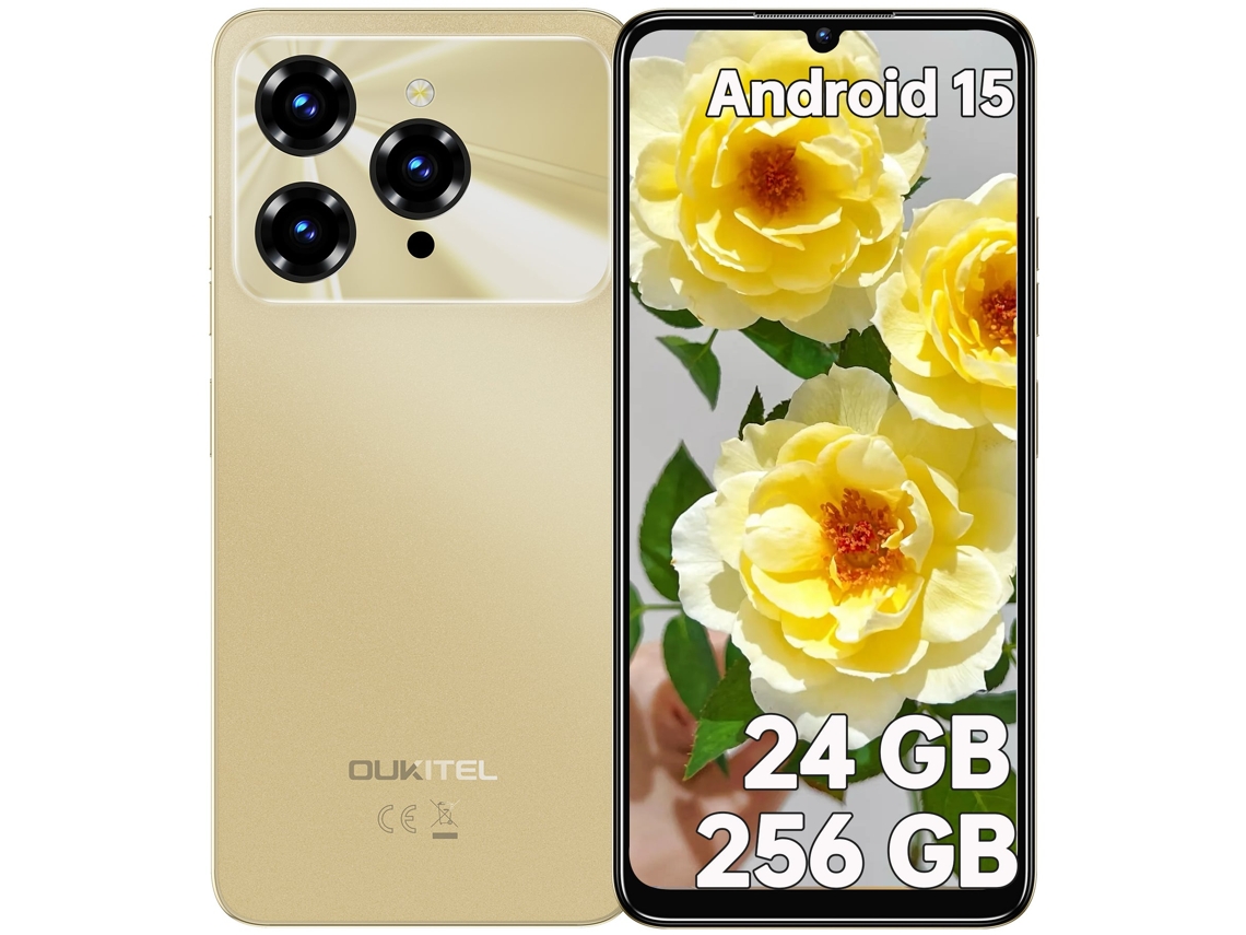 Smartphone Oukitel C6 24 Gb 256 Gb 6.8" Hd+ Pantalla Android 15 90hz Batería 5150mah Cámara 50mp Face Id 3.5mm Headphone Jack Oro