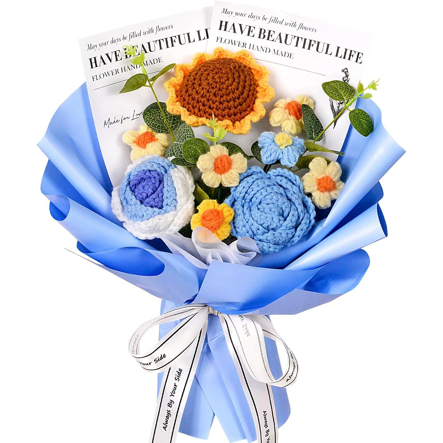(azul) Ramo Azul Tejido A Mano, Ramo De Girasoles Tejidos A Crochet, El Regalo Perfecto.