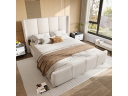 Cama Tapizada Beige De 140x200 Cm Con Cabecero Alto, Usb, Metal Y Madera, Estilo Moderno.