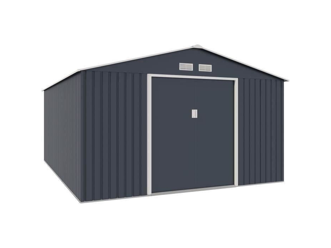 Caseta de jardín metálica de 15,16 m², 340 x 446 x 210 cm, Saturne, kit de anclaje incluido, 2 puertas correderas, color gris Archer