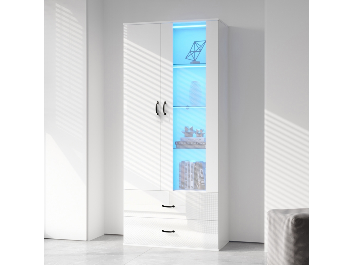 Vitrina LED transparente, blanca, de 2 puertas e independiente para sala de estar.