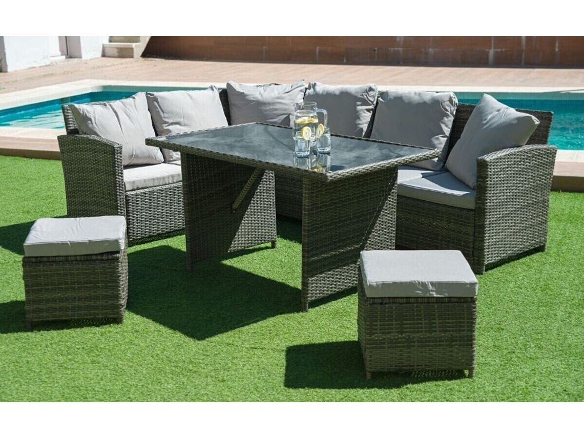 Sofa Rinconera Mesa 2 puffs de Ratan PE. Muebles de Jardin y Terraza, Gris SALDOSYSTOCKS