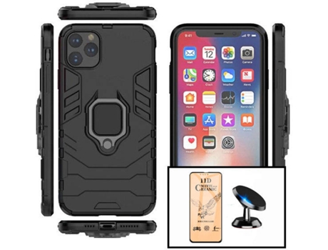 Kit Cristal Templado CeramicGlass Full Cover, Funda 3X1 Military Defender y Soporte Magnético de Coche Apple iPhone 13 Pro PHONECARE Negro
