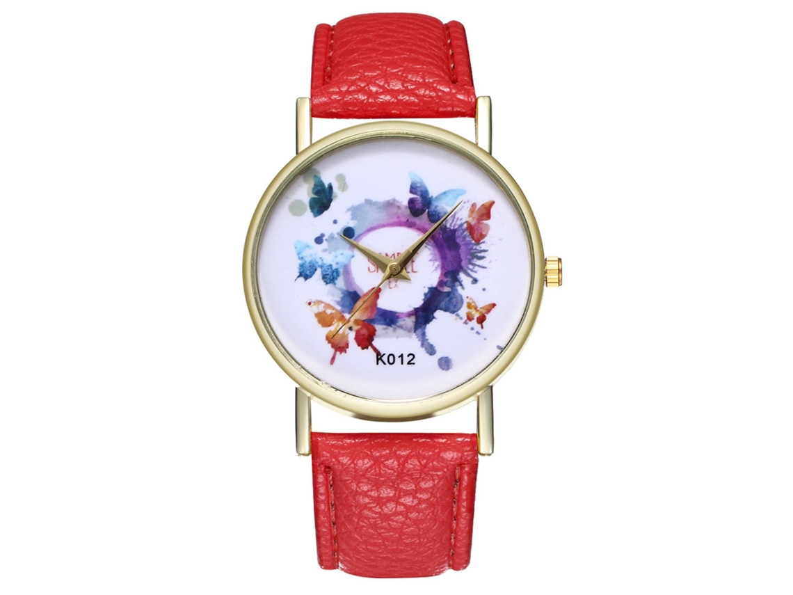 Relógio Feminino Com Padrão De Plantas Pulseira De Couro Pu Simples E Fashion K029-h Rosa