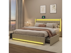 Cama Doble 180 X 200 Cm, Cama Tapizada Con Led, Usb Y 4 Cajones Para Adolescentes Y Adultos, Color Beige Lino