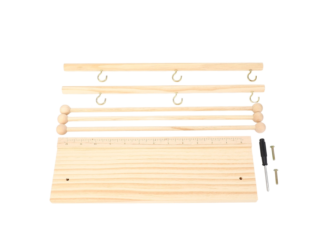 Estante plegable de madera maciza para guardar cintas métricas.