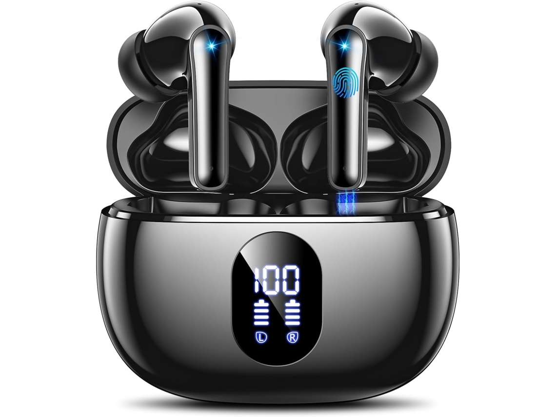 Auriculares Deportivos Pretos Bluetooth 5.4 40h Tela Led 4 Micrófonos Enc Bass Profundo