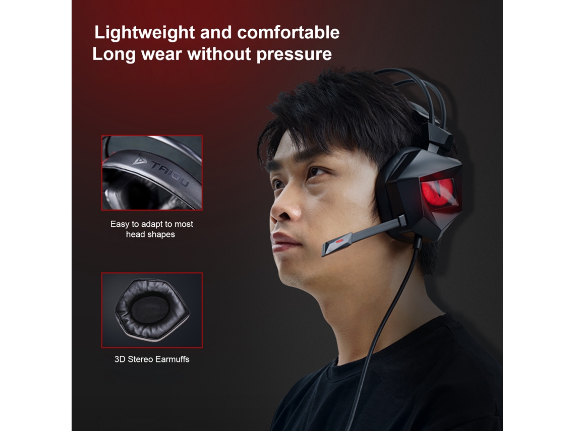 Taiou Headset Gamer Fio Usb 7.1 Som Surround Com Microfone Luz Led Respirar Vermelha Para Pc Laptop