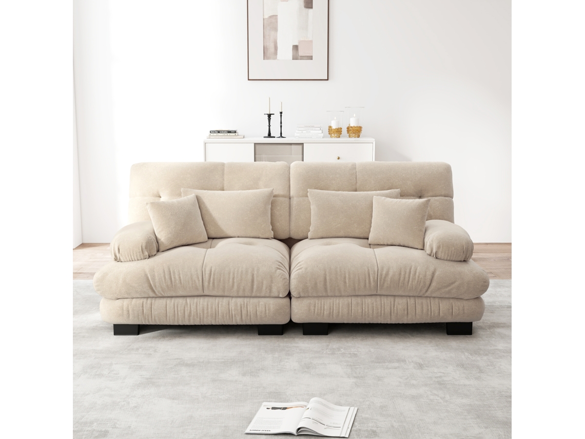 Sofá esquinero Cloud Chenille, 2 cojines lumbares y 2 cojines decorativos, estructura de madera maciza marrón claro, Mobrio