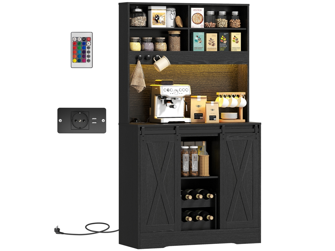Aparador de Cozinha Rústico ZENCORE SERVICES com 2 armários, suporte para garrafas, luzes LED, preto