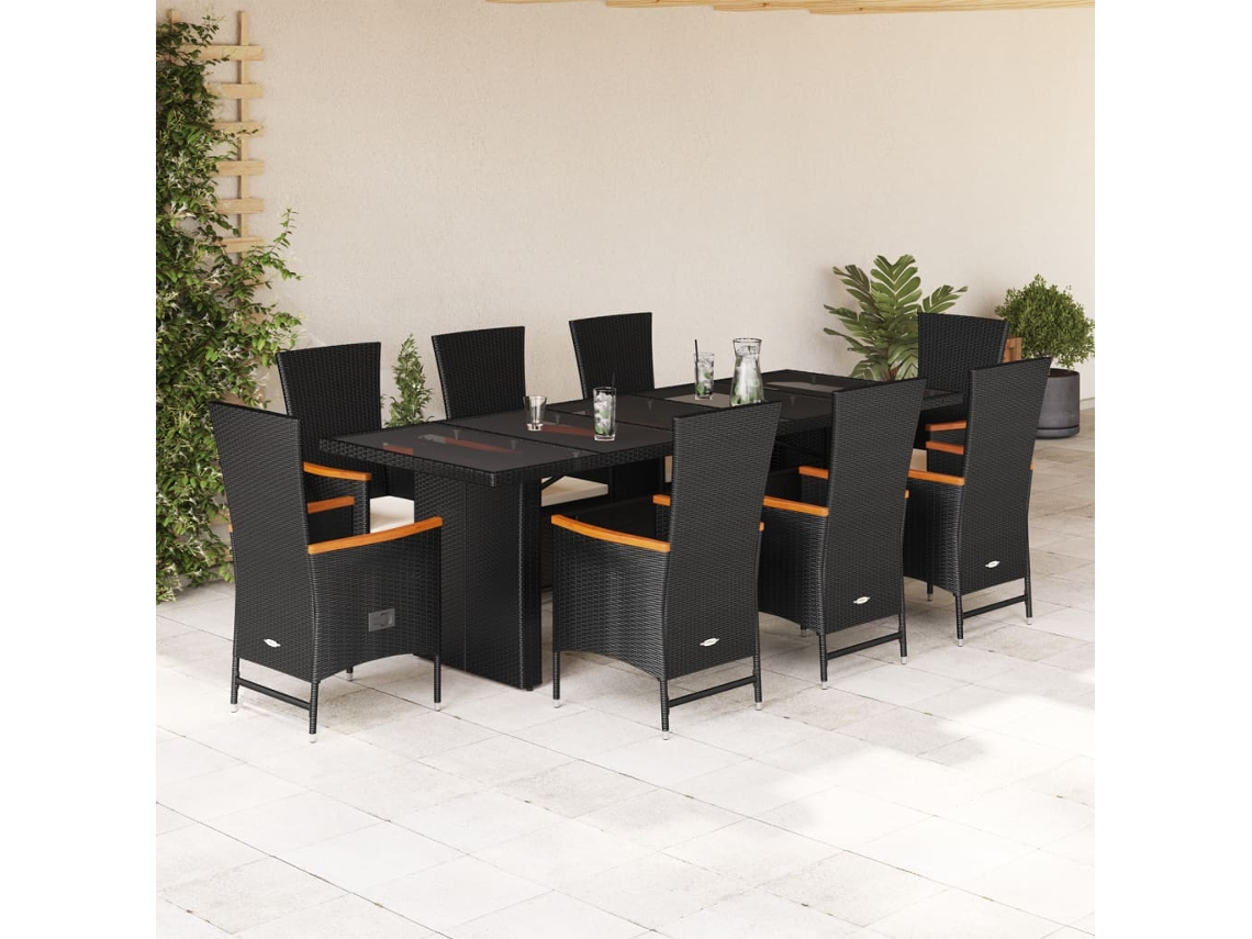 Juego de comedor de jardín de 9 piezas con cojines de mimbre negros de DKD Home Decor