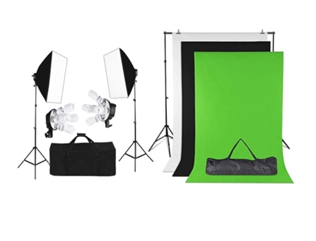 Studio kit 2 softboxes 4 lámparas más fondo estructura verde, blanca y negra