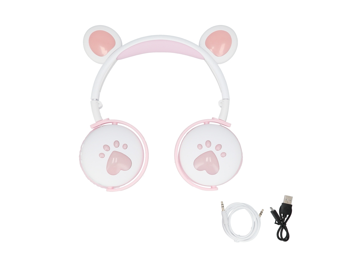 Auriculares Inalámbricos Bluetooth Con Diseño De Orejas De Gato Para Niños, Plegables Con Micrófono, Color Rosa Y Blanco.