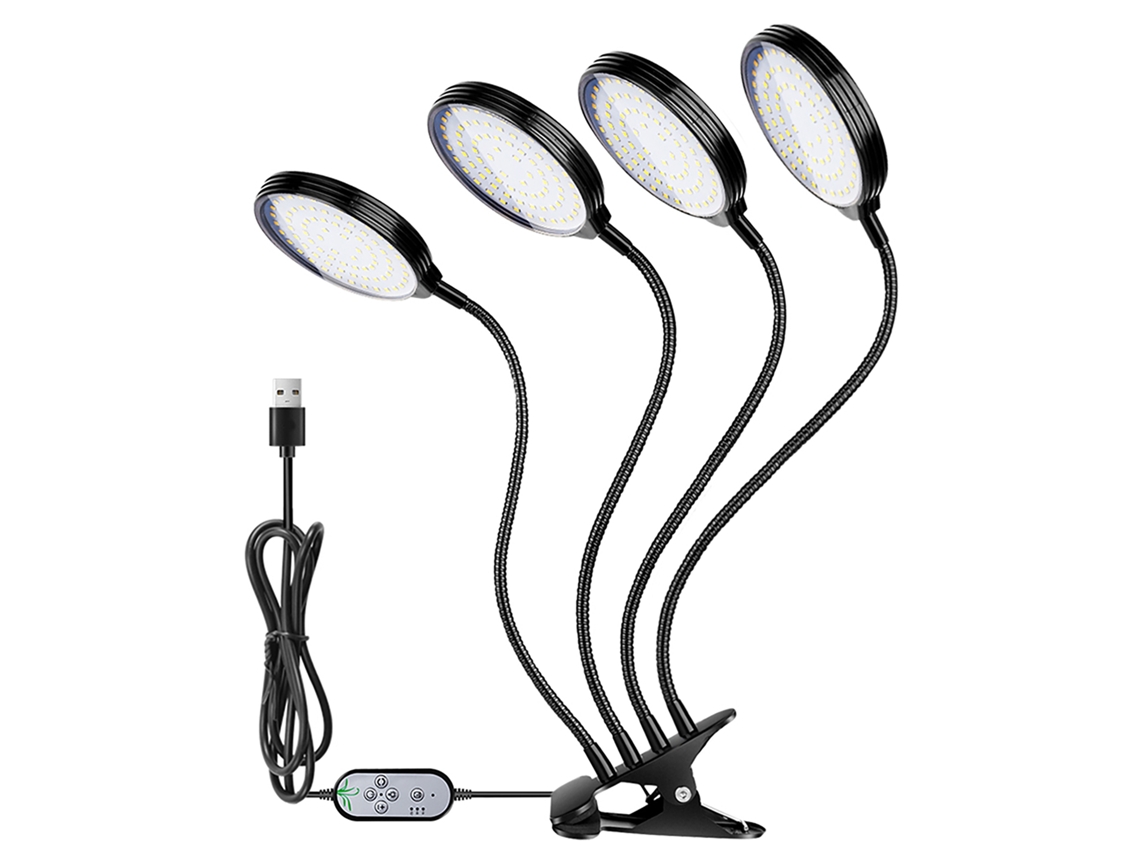 Lámpara de cultivo de sobremesa USB 2026 con 312 LED de espectro completo, diseño con clip, 5 niveles de luz ajustables y temporizador de 4/8/12 horas.