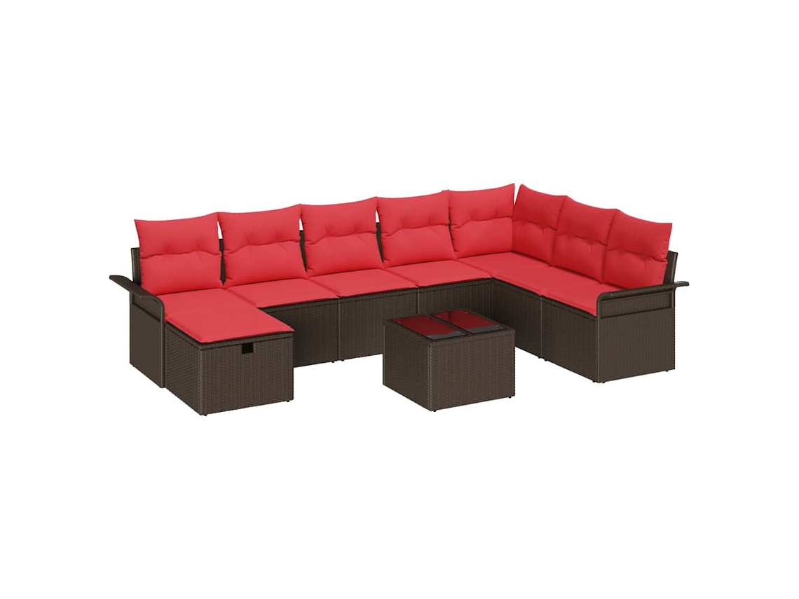 Maison Exclusive - Conjunto De Sofá De Jardín 9 Pcs Marrón Y Rojo Ratán Sintético